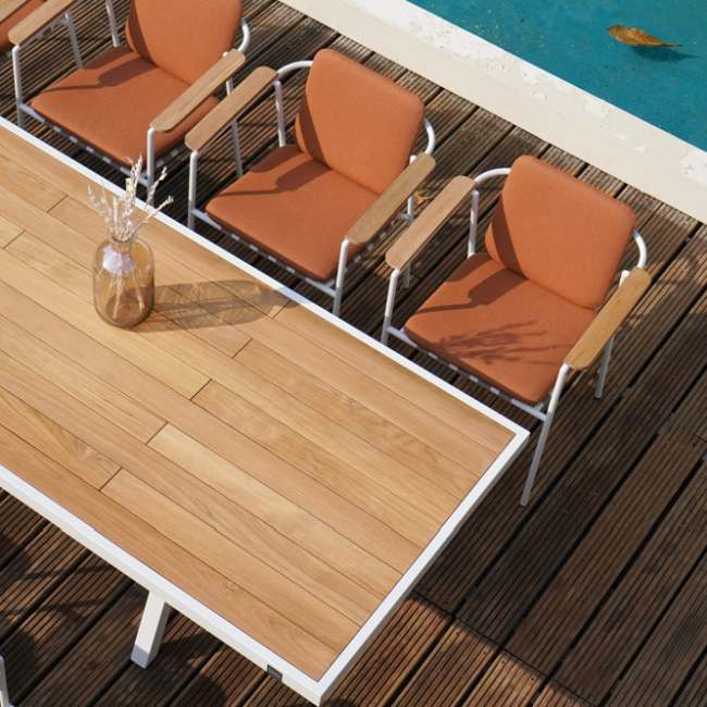 Luxury Outdoor Dining Furniture Melbourne Australia - Mamagreen Albatross Dining Table - Teak & White Powder Coated Frame With Chairs