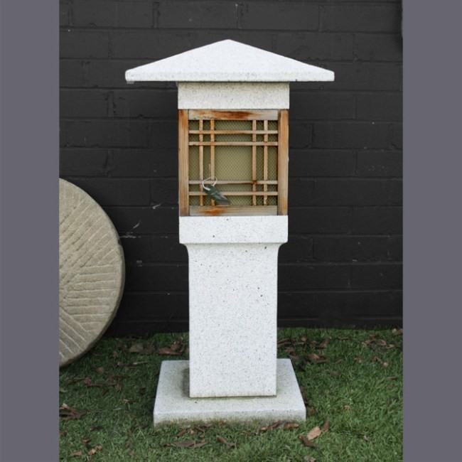 Japanese Garden Feature - Contemporary Granite Lantern - A Tall Granite And Wood Lantern On A Small Square Slab Granite Base