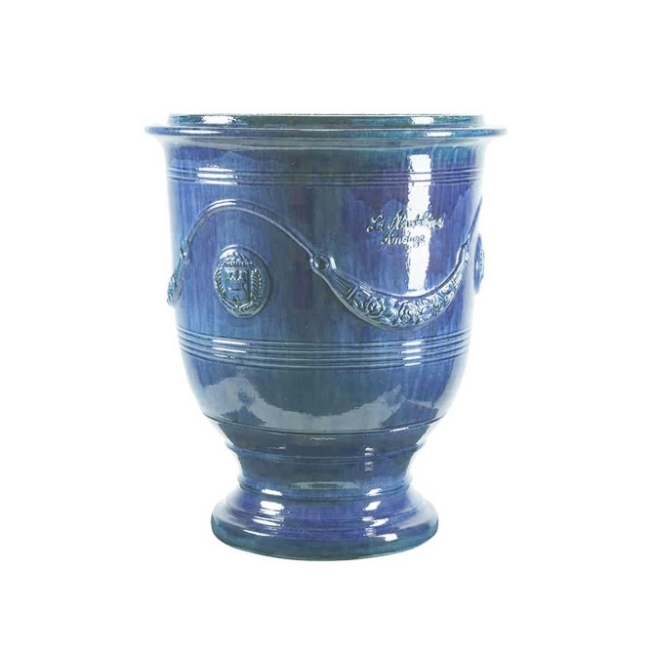 Large Bright Blue (Bleu Fonce) Classic French Urn With A Glaze Finish from Anduze France