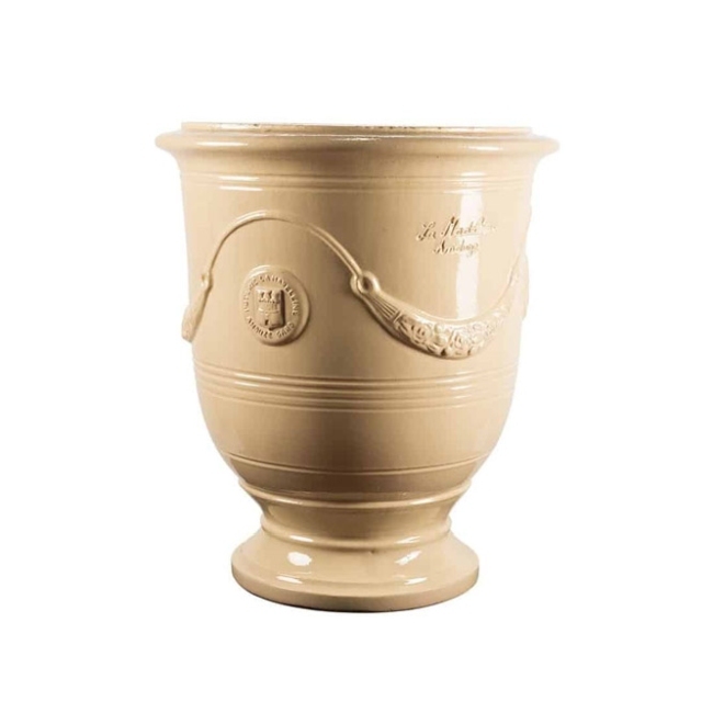Traditional Large Ivory Classic French Pot Urn With A Glaze Finish from Anduze France
