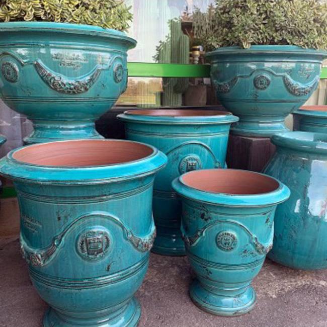 Several Traditional Classic Turquoise Painted French Pots Urns With A Glazed Aged Finish from Anduze France