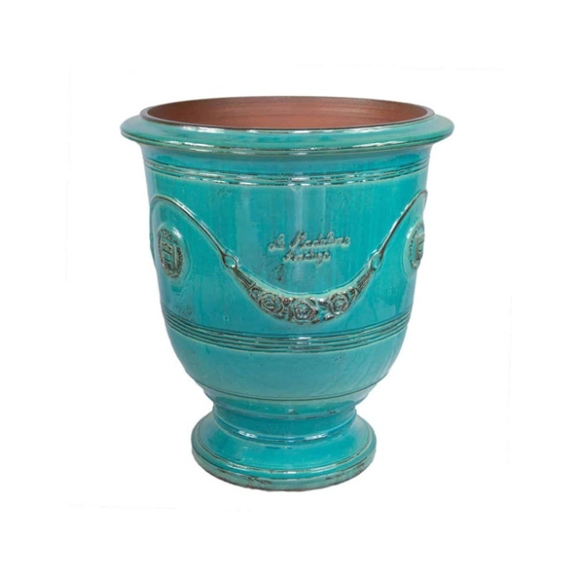 Traditional Classic Turquoise Painted French Pot Urn With A Glazed Aged Finish from Anduze France