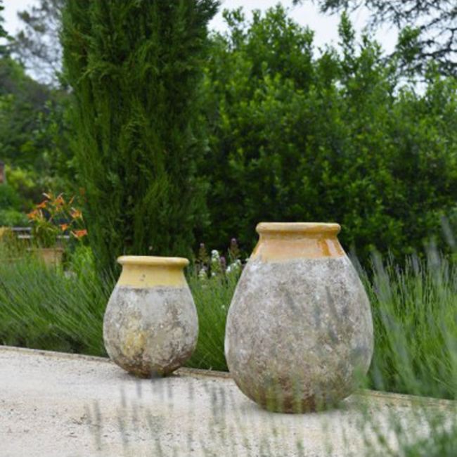 2 Sizes of Biot Drop Shape Classic French Pots With Glazed Yellow Collars In A Garden from Anduze France