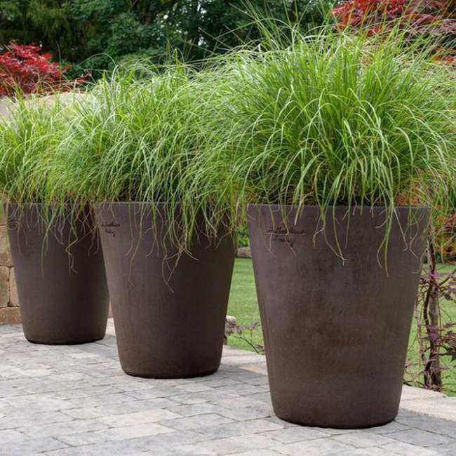 3 Extra Large Dark Brown Contemporary Mazagran French Pots With A Natural Matt Finish In A Courtyard from Anduze France