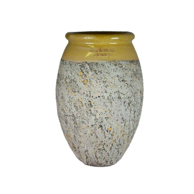 Biot Almond or Olive Shape Classic French Urn With A Glazed Yellow Collar from Anduze France
