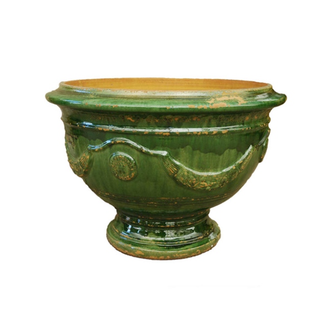 French Garden Bowl In Green Glaze With Rustic Finish