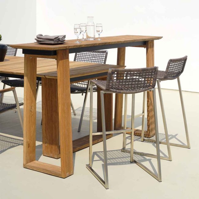 commercial-outdoor-bar-table-solid-teak commercial outdoor bar furniture solid teak with low back bar chairs in brown rope weave with gold painted frame
